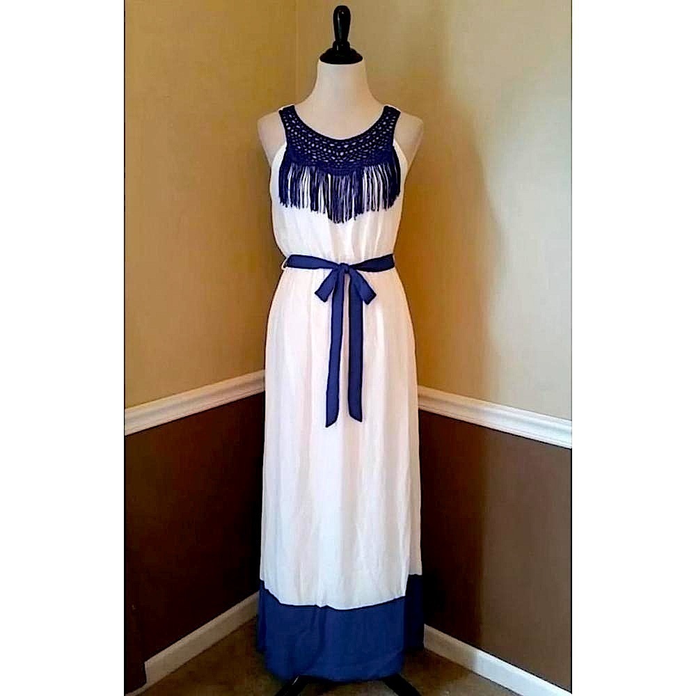 White Maxi Dress with Blue Fringe & Crochet Trim Boho Halter Modcloth Pink Owl
